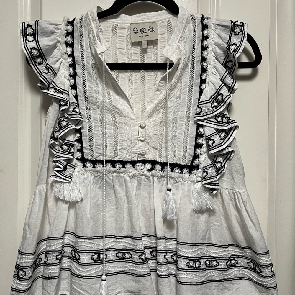 Sea New York Black and White Sleeveless Top with Ruffled Cap Sleeves